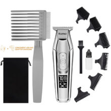 ماشین اصلاح موی سر و صورت کیمی مدل KM-5027A، اصلاح به صورت خط زن، منبع انرژی باتری، تکنولوژی اصلاح به صورت برش مستقیم، مدت زمان شارژ 120 دقیقه و مدت زمان استفاده پس از شارژ 270 دقیقه، به همراه کابل شارژ، برس تمیزکننده، روغن و شارژر، 7 عدد شانه