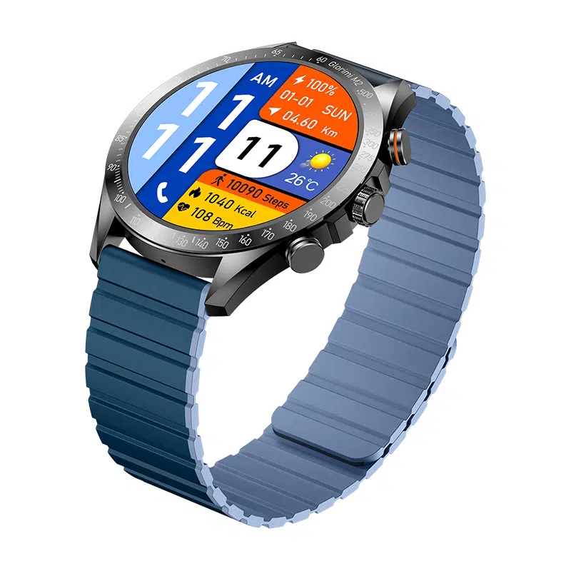 ساعت هوشمند گلوریمی مدل APY M2 LIGHT WEIGHT دارای قابلیت های کنترل موسیقی، شمارنده ضربان قلب، گام شمار، قابلیت مکالمه از طریق بلوتوث، پشتیبانی از زبان فارسی، بند سیلیکون