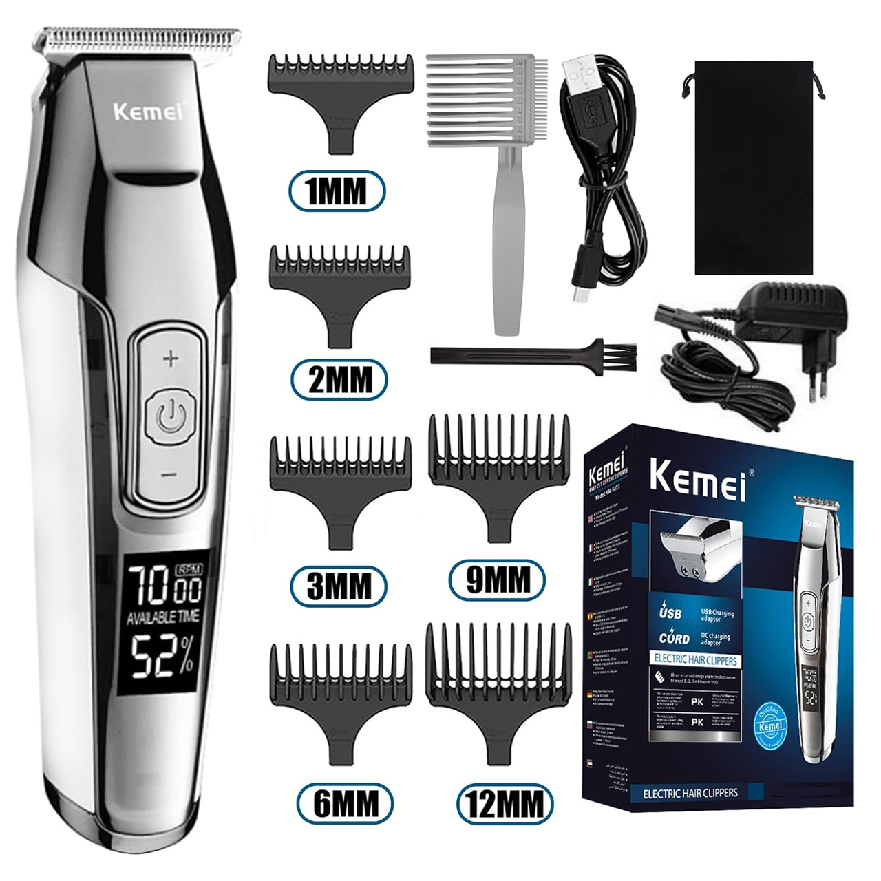 ماشین اصلاح موی سر و صورت کیمی مدل KM-5027A، اصلاح به صورت خط زن، منبع انرژی باتری، تکنولوژی اصلاح به صورت برش مستقیم، مدت زمان شارژ 120 دقیقه و مدت زمان استفاده پس از شارژ 270 دقیقه، به همراه کابل شارژ، برس تمیزکننده، روغن و شارژر، 7 عدد شانه