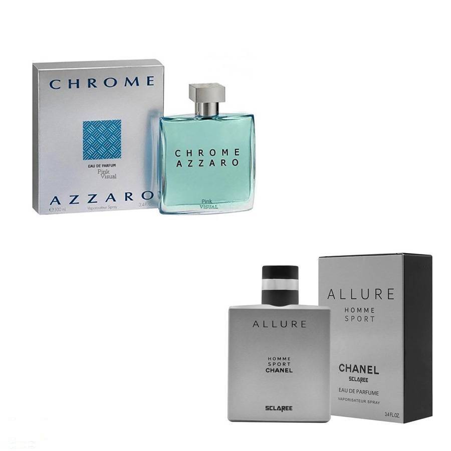 ادوپرفیوم مردانه پینک ویژوآل مدل azzaro Chrome به همراه ادوپرفیوم مردانه اسکلاره مدل Allure Chanel