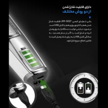 ماشین اصلاح موی صورت کیمی مدل KM-5027، اصلاح به صورت حجم زن، استفاده به صورت خشک و مرطوب، منبع انرژی با کابل USB، تکنولوژی اصلاح به صورت برش مستقیم، اندازه اصلاح ۰.۱ تا ۳ میلی‌متر، مدت زمان شارژ ۱۲۰ دقیقه و مدت زمان استفاده پس از شارژ ۲۴۰ دقیقه