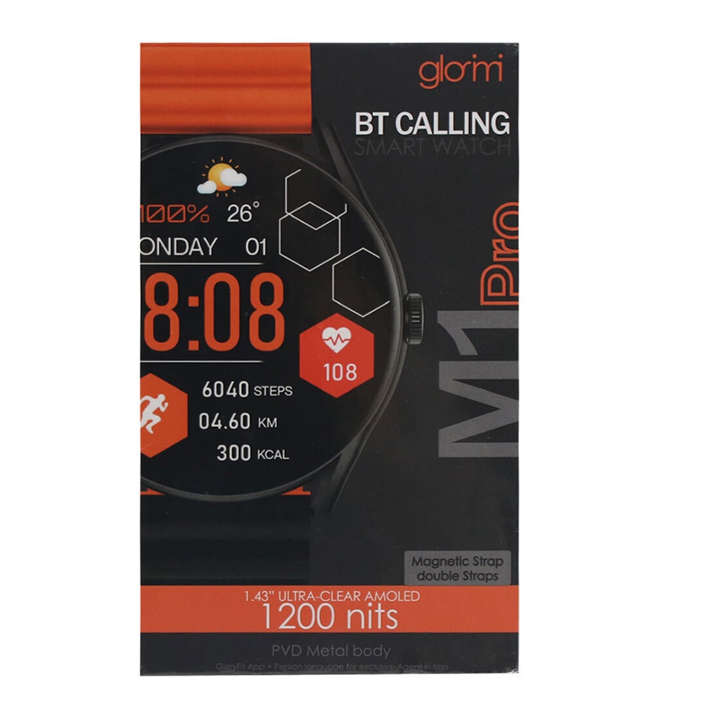 ساعت هوشمند گلوریمی مدل MOB LIGHT WEIGHT M1 PORO دارای قابلیت های کنترل موسیقی، شمارنده ضربان قلب، گام شمار، قابلیت مکالمه از طریق بلوتوث، پشتیبانی از زبان فارسی، بند سیلیکون