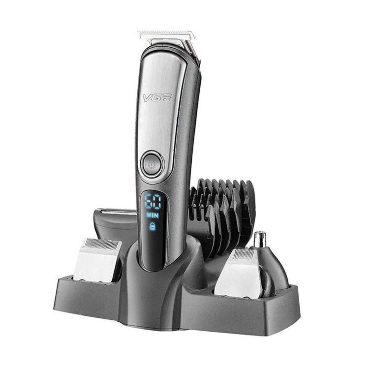 ست ماشین اصلاح موی صورت و بدن وی جی ار مدل 105، منبع انرژی باتری، تکنولوژی اصلاح به صورت تریمر، اندازه اصلاح 0.2 میلی‌متر، مدت زمان شارژ 90 دقیقه و مدت زمان استفاده پس از شارژ 60 دقیقه، به همراه استند شارژ، برس تمیزکننده، ضد آب، دارای نمایشگر دیجیتال