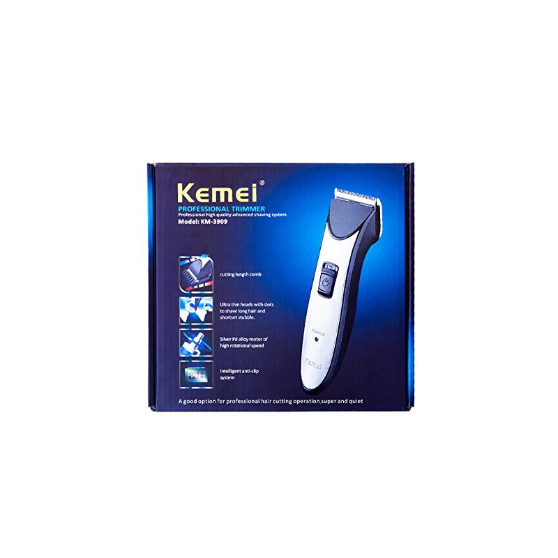 ماشین اصلاح سر و صورت کیمی مدل KM-3909، منبع انرژی برق، تکنولوژی اصلاح به صورت برش مستقیم، مدت زمان شارژ 480 دقیقه و مدت زمان استفاده پس از شارژ 60 دقیقه، به همراه برس تمیزکننده، جنس تیغه از تیتانیوم، با امکان درجه بندی میلیمتری تیغه