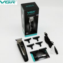 ماشین اصلاح موی صورت وی جی ار مدل 059، اصلاح به صورت تریمر، منبع انرژی با کابل USB، تکنولوژی اصلاح به صورت برش مستقیم، مدت زمان شارژ 180 دقیقه و مدت زمان استفاده پس از شارژ 150 دقیقه، به همراه روغن و 6 عدد شانه، با قابلیت تنظیم سرعت، شارژ سریع، چراغ LED