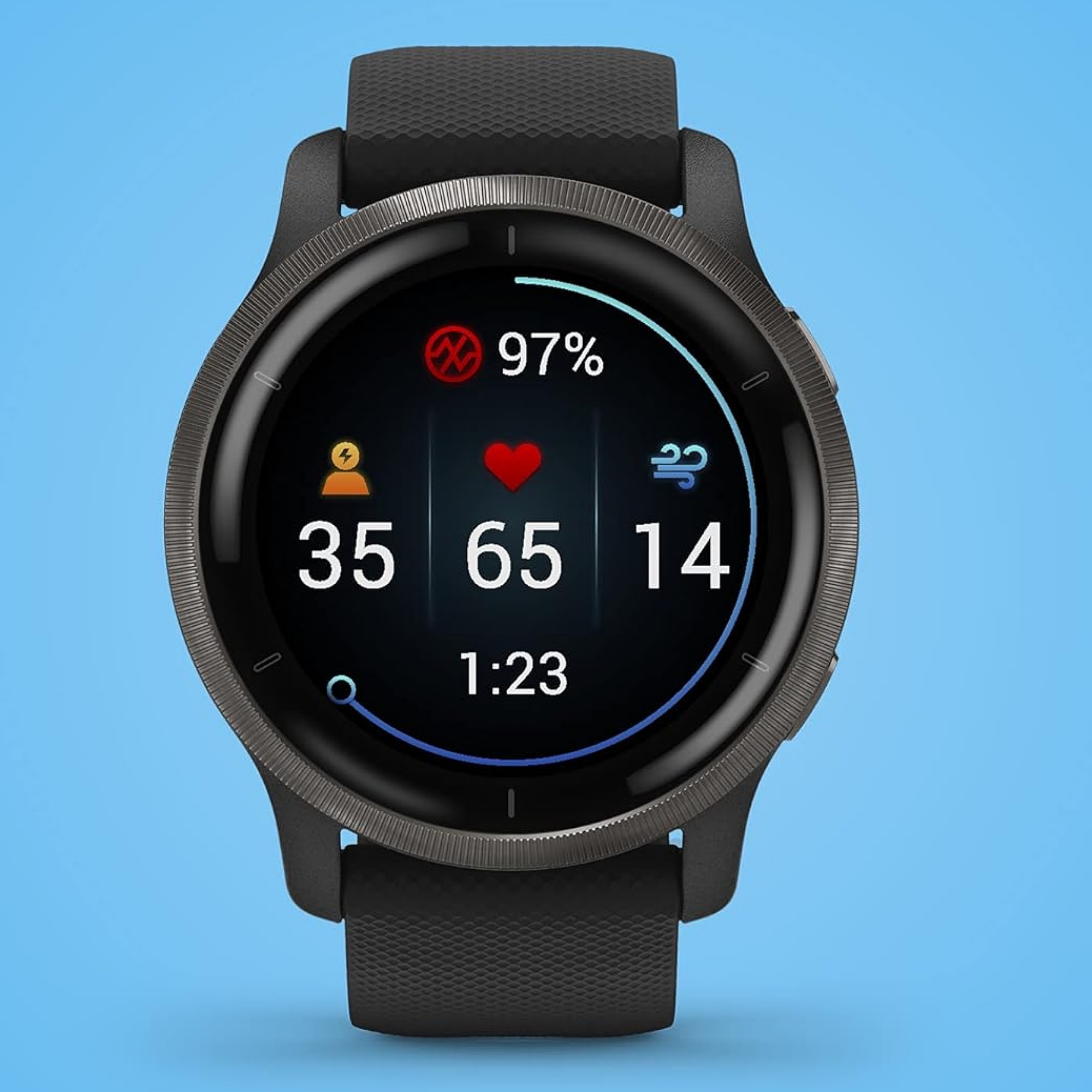 ساعت هوشمند گارمین مدل Venu 2 دارای قابلیت های صفحه نمایش رنگی، صفحه نمایش لمسی، کنترل موسیقی (Music Player)، کنترل سطح اکسیژن خون، قابلیت تغییر طرح ساعت یا تم، ضد آب بند سیلیکون