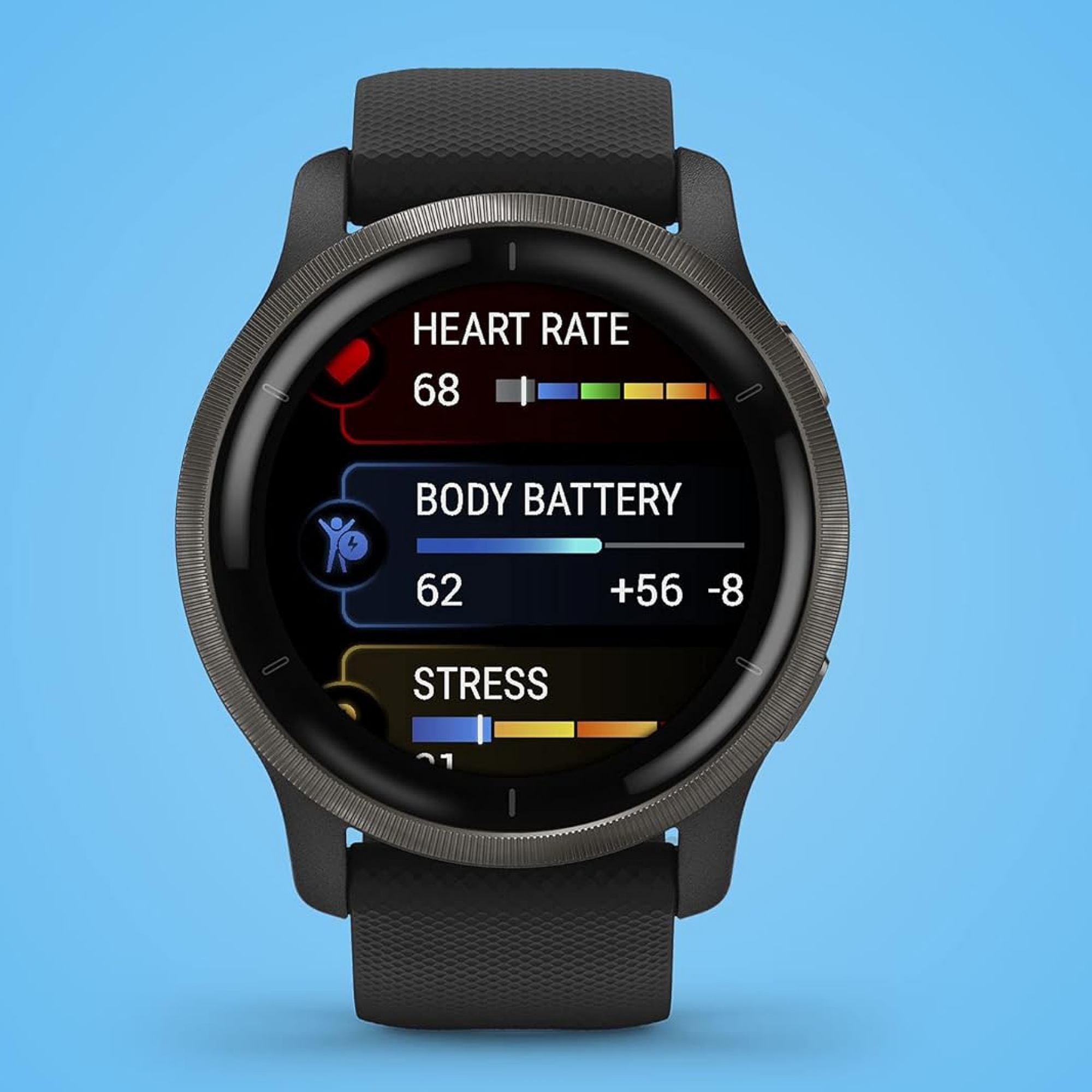 ساعت هوشمند گارمین مدل Venu 2 دارای قابلیت های صفحه نمایش رنگی، صفحه نمایش لمسی، کنترل موسیقی (Music Player)، کنترل سطح اکسیژن خون، قابلیت تغییر طرح ساعت یا تم، ضد آب بند سیلیکون