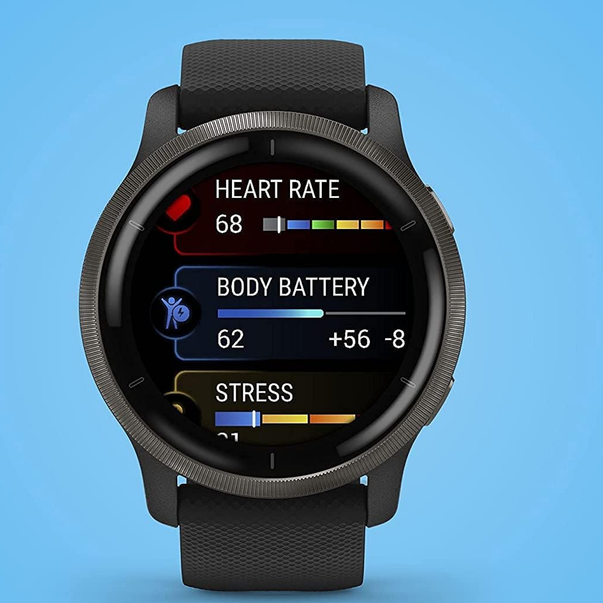 ساعت هوشمند گارمین مدل Venu 2 دارای قابلیت های صفحه نمایش رنگی، صفحه نمایش لمسی، کنترل موسیقی (Music Player)، کنترل سطح اکسیژن خون، قابلیت تغییر طرح ساعت یا تم، ضد آب بند سیلیکون