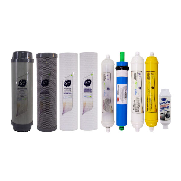 فیلتر دستگاه تصفیه آب آکوآ اسپرینگ مدل F-S7-H9A مجموعه 8 عددی به همراه رسوب گیر اسکالکس پلاس
