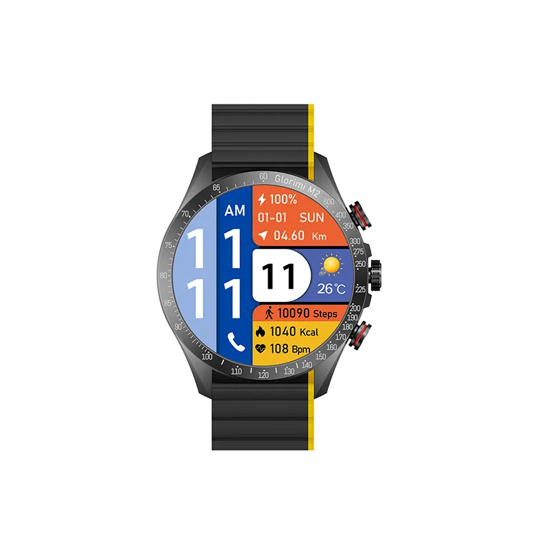 ساعت هوشمند گلوریمی مدل M2 دارای قابلیت های قابلیت مکالمه مستقیم، قابلیت مکالمه از طریق بلوتوث بند سیلیکون