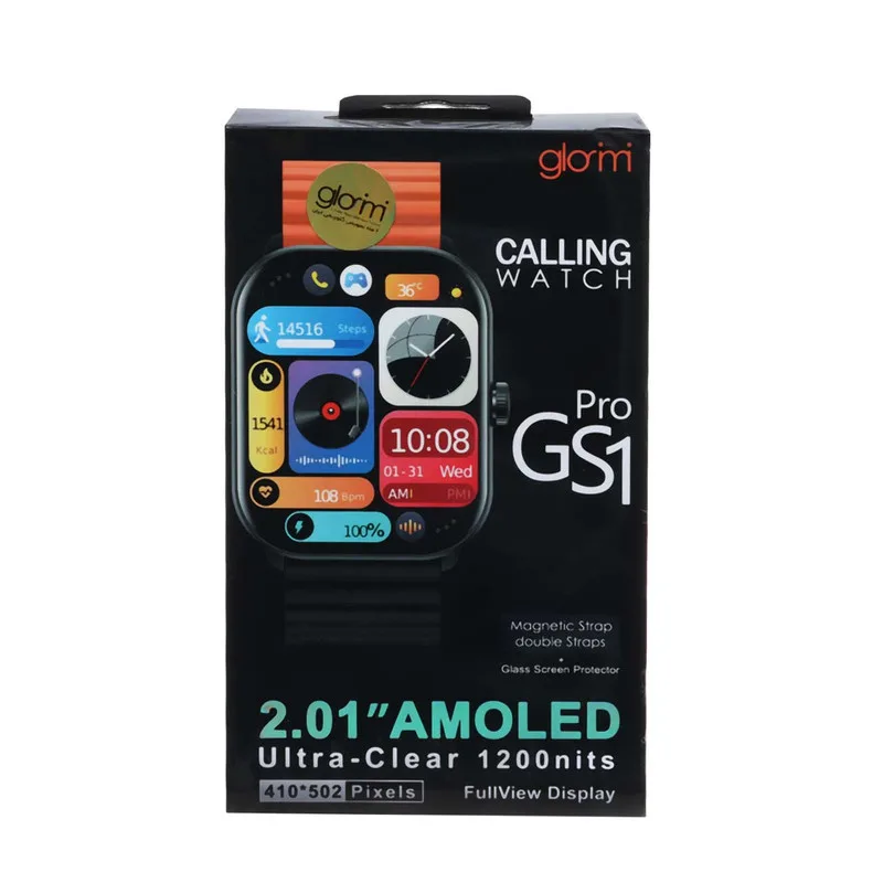 ساعت هوشمند گلوریمی مدل MIS SMART PRO GS1 DYNAMIC دارای قابلیت های صفحه نمایش رنگی، صفحه نمایش لمسی، کنترل موسیقی (Music Player)، پشتیبانی از زبان فارسی در منو و سیستمعامل بند سیلیکون