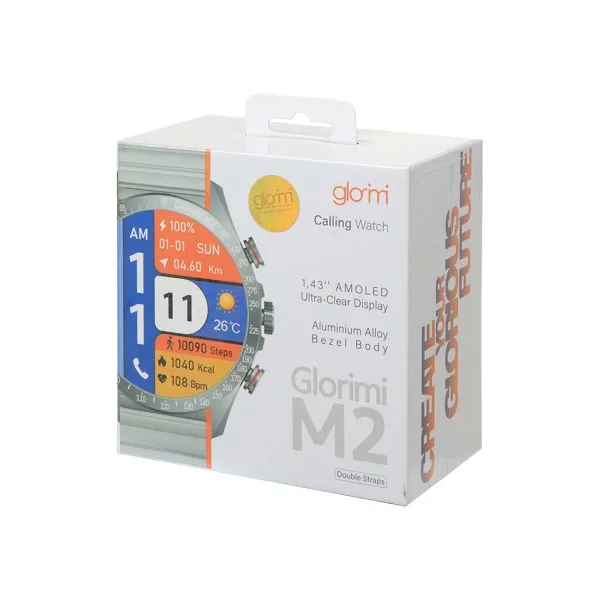 ساعت هوشمند گلوریمی مدل M2 دارای قابلیت های قابلیت مکالمه مستقیم، قابلیت مکالمه از طریق بلوتوث بند سیلیکون
