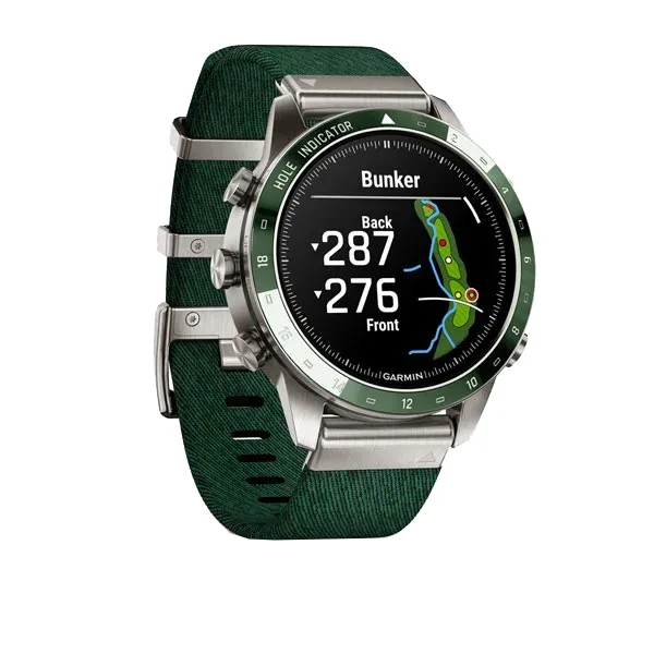ساعت هوشمند گارمین مدل MARQ Golfer (Gen 2) with pine green Jacquard-weave nylon watch strap
