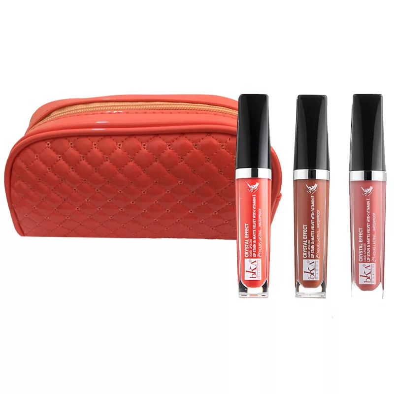 رژ لب مایع بکا کد LG363944 مجموعه 3 عددی به همراه کیف لوازم آرایش VP