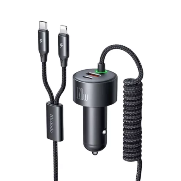 شارژر فندکی120 وات  مک دودو مدل cc-0370 به همراه کابل USB-C/لایتنینگ