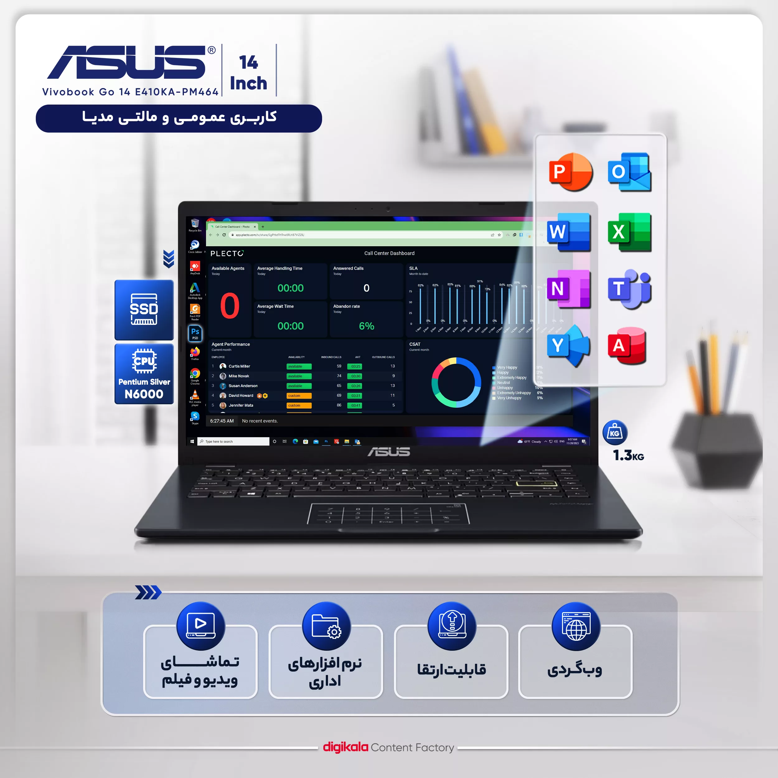 لپ تاپ 14 اینچی ایسوس مدل Vivobook Go 14 E410KA-PM464-Pentium Silver N6000-4GB DDR4-64GB eMMC-TN-W