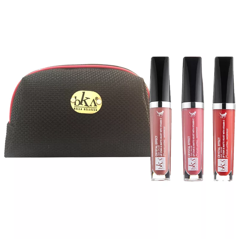 رژ لب مایع بکا کد LG263334 مجموعه 3 عددی به همراه کیف لوازم آرایش کد KK