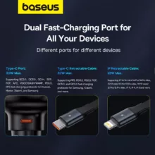شارژر فندکی 60 وات بیسوس مدل Retractable به همراه کابل USB-C