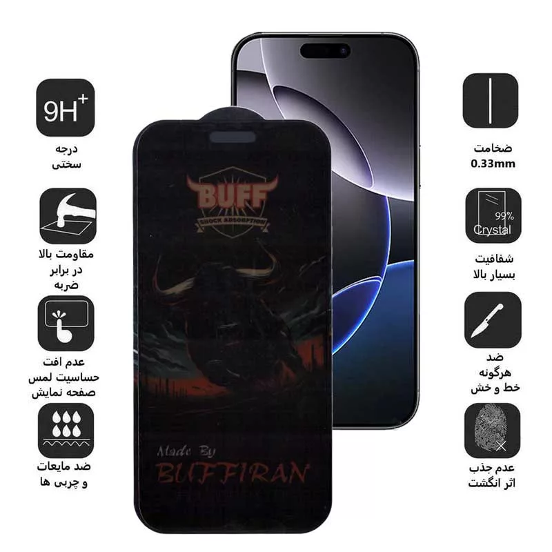 محافظ صفحه نمایش حریم شخصی بوف مدل BullRun Privacy Pro مناسب برای گوشی موبایل اپل iPhone 16 Pro