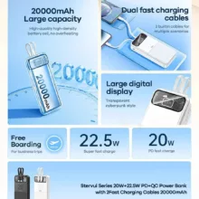 پاوربانک ریمکس مدل Fast Charge 22.5W Cabled ظرفیت 20000 میلی آمپر ساعت