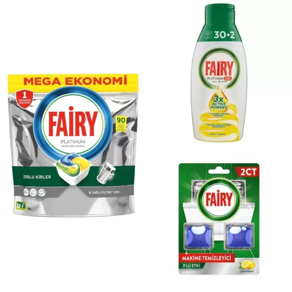 قرص ماشین ظرفشویی فیری مدل P90 بسته 90 عددی به همراه ژل ماشین ظرفشویی فیری مدل Platinum 3x حجم 650 میلی لیتر و قرص جرم گیر ماشین ظرفشویی فیری مدل limen بسته 2 عددی