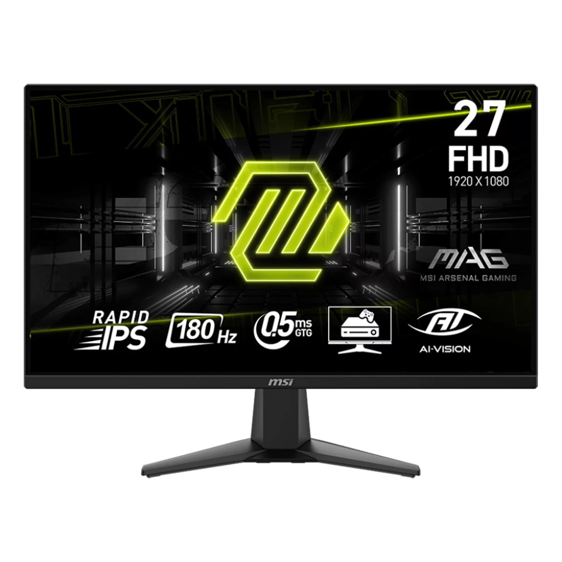 مانیتور گیمینگ 27 اینچ ام اس آی مدل MAG 275F، رزولوشن Full HD، پنل Rapid IPS، نرخ بروزرسانی 180 هرتز، با نسبت تصویر 16:9، دارای پورت HDMI و DisplayPort و خروجی هدفون