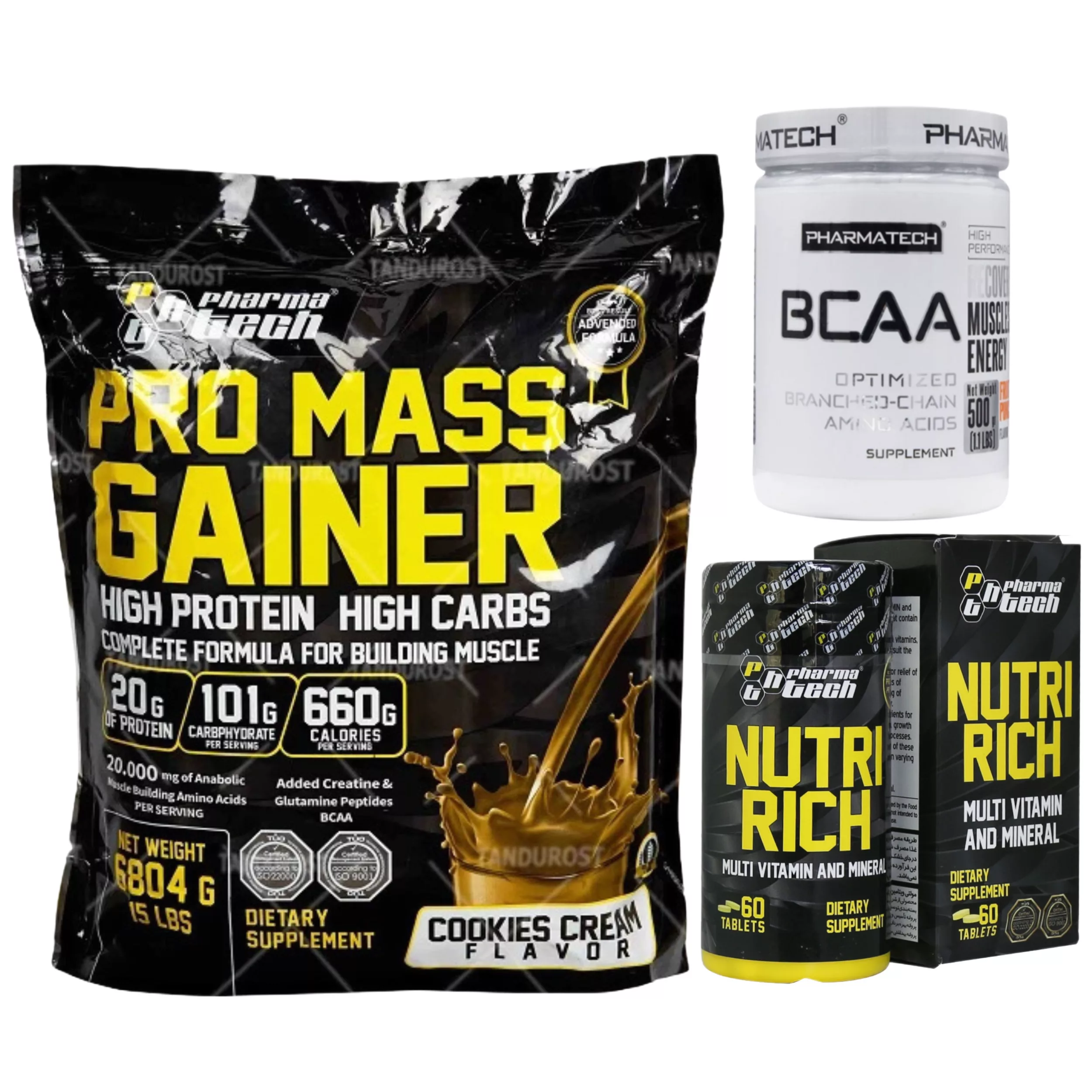 پودر پرو مس گینر فارماتک  و قرص مولتی ویتامین نوتری ریچ فارماتک و پودر بی سی ای ای فارماتک لیمو