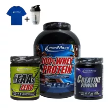 پودر پروتئین وی 100 درصد آیرون مکس گرم به همراه پودر کراتین آیرون مکس گرم به همراه پودر آمینو ایی ای ای آیرون مکس گرم به همراه تیشرت و شیکر