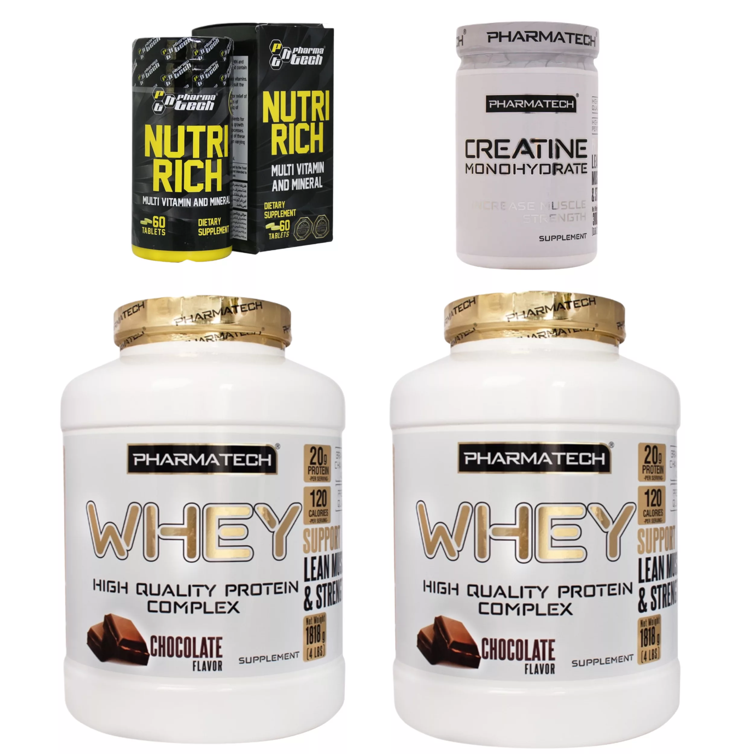 پروتئین وی فارماتک - 1818 گرم بسته 2 عددی به همراه کراتین مونوهیدرات فارماتک - 300 گرم به همراه مولتی ویتامین فارماتک- بسته 60 عددی