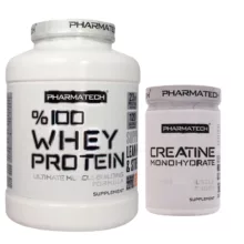 پودر وی پروتئین 100 درصد فارماتک – 2270 گرم به همراه پودر کراتین منوهیدرات فارماتک – 300 گرم