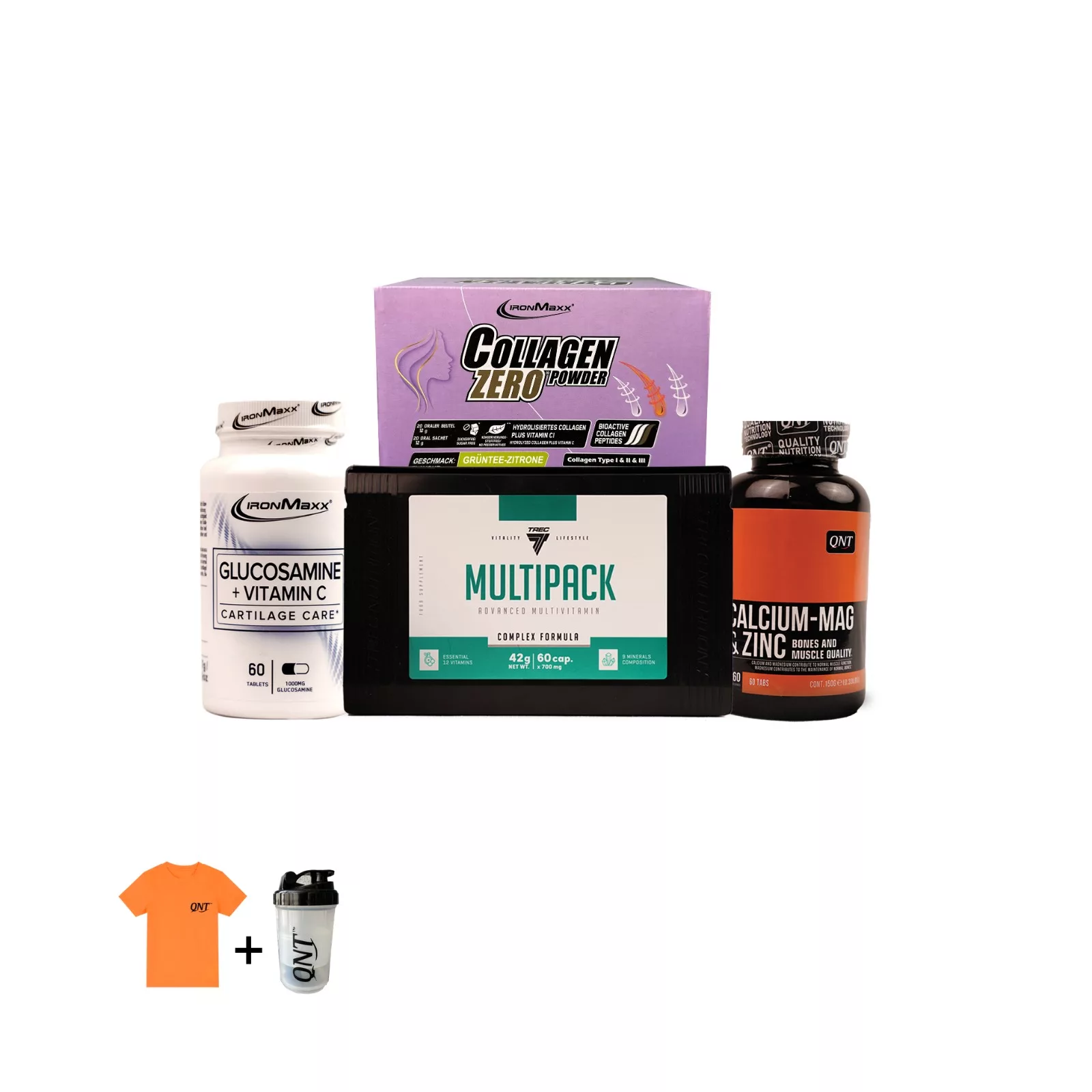 پودر کلاژن زیرو آیرون مکس به همراه کپسول مولتی پک ترک نوتریشن به همراه کپسول کلسیوم منیزیوم و زینک کیو ان تی به همراه گلوکوزامین و ویتامین سی آیرون مکس به همراه تیشرت و شیکر