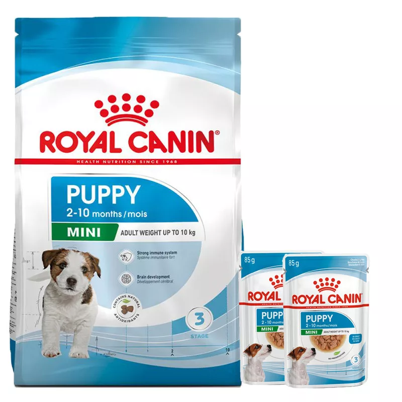 غذای خشک و پوچ سگ رویال کنین مدل Mini Puppy وزن 2 کیلوگرم مجموعه 3 عددی