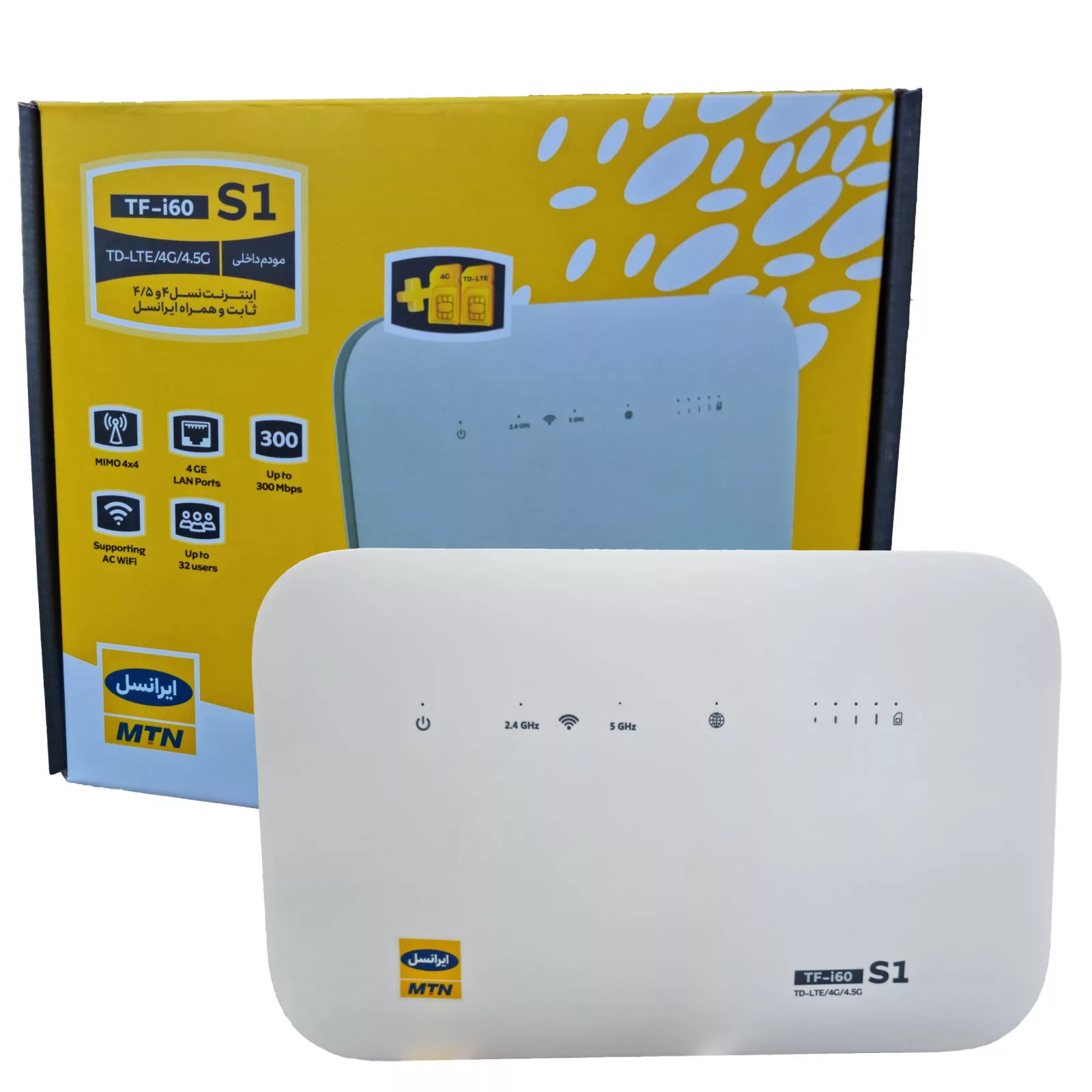 مودم 4G/TD-LTE ایرانسل مدل TF-i60 S1 به همراه 320 گیگابایت اینترنت شش ماهه TD و 180 گیگابایت اینترنت شش ماهه 4G و 3 عدد سیم کارت دائمی طلایی