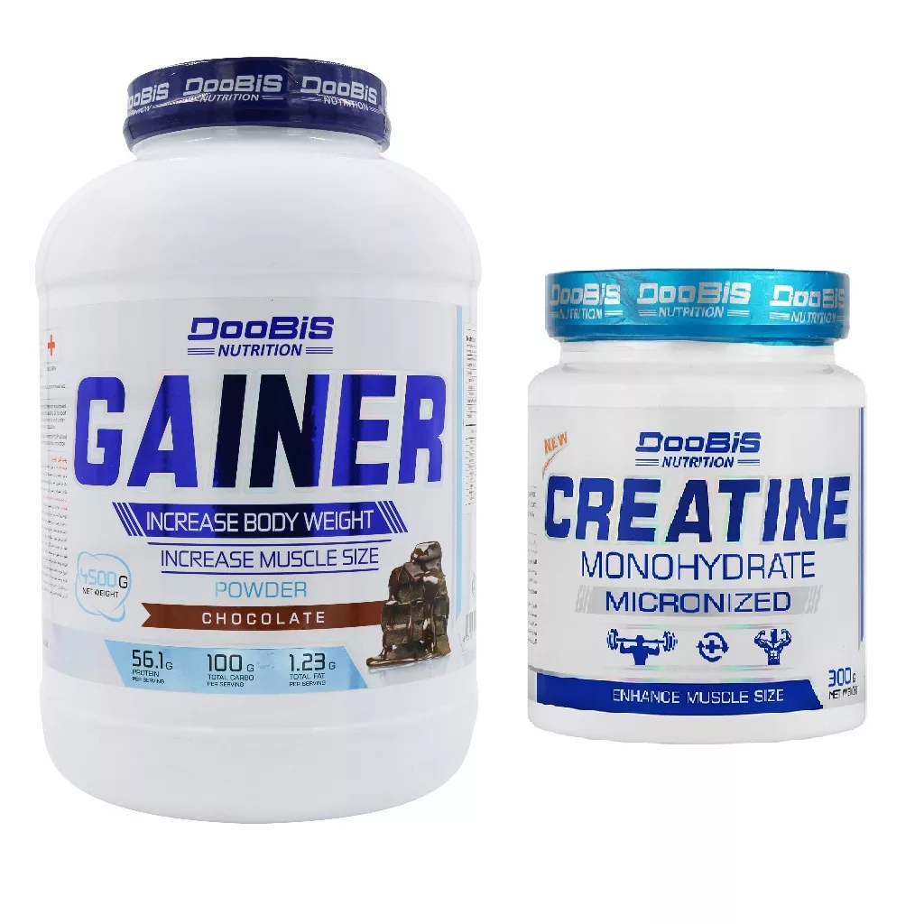 پودر گینر با طعم شکلات دوبیس - 4500 گرم به همراه پودر کراتین دوبیس - 300 گرم