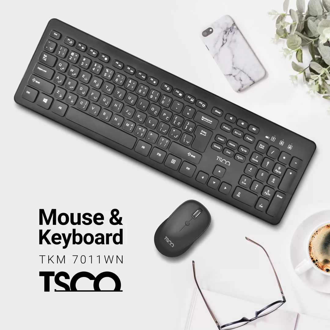کیبورد و ماوس بی سیم تسکو مدل TKM 7011WN سوئیچ ممبران، Full-Size