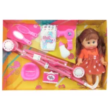 ست هدیه عروسک مدل موزیکال Lovely Baby طرح کالسکه دار کد APT180 ارتفاع 33 سانتی متر مجموعه 9 عددی