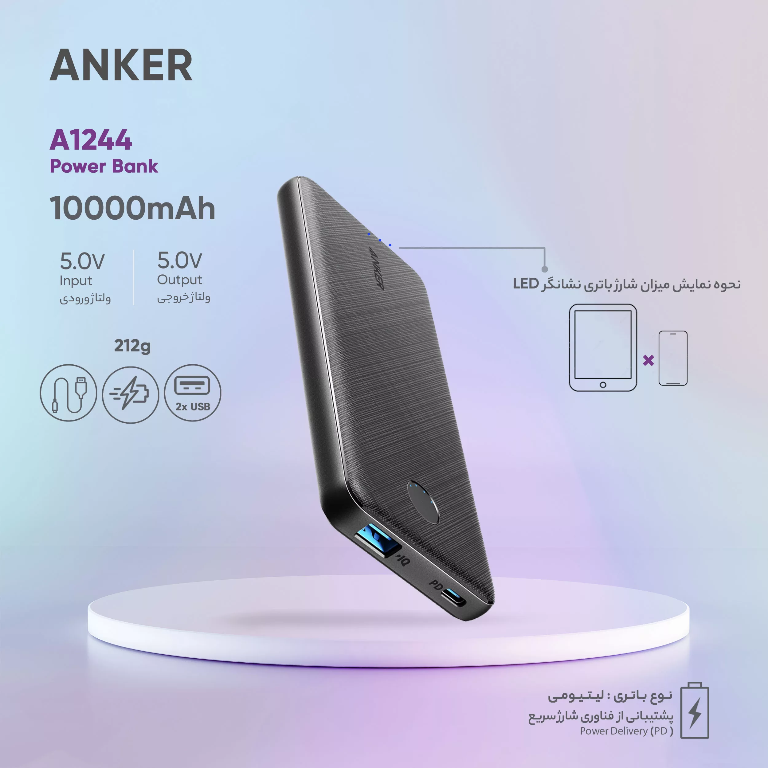پاوربانک انکر مدل A1244 ظرفیت 10000 میلی آمپر ساعت