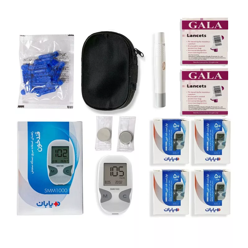 دستگاه تست قند خون دیابان مدل SMM1000 به همراه 4 بسته نوار 50 عددی و 2 بسته 100 عددی سوزن لنست گالا