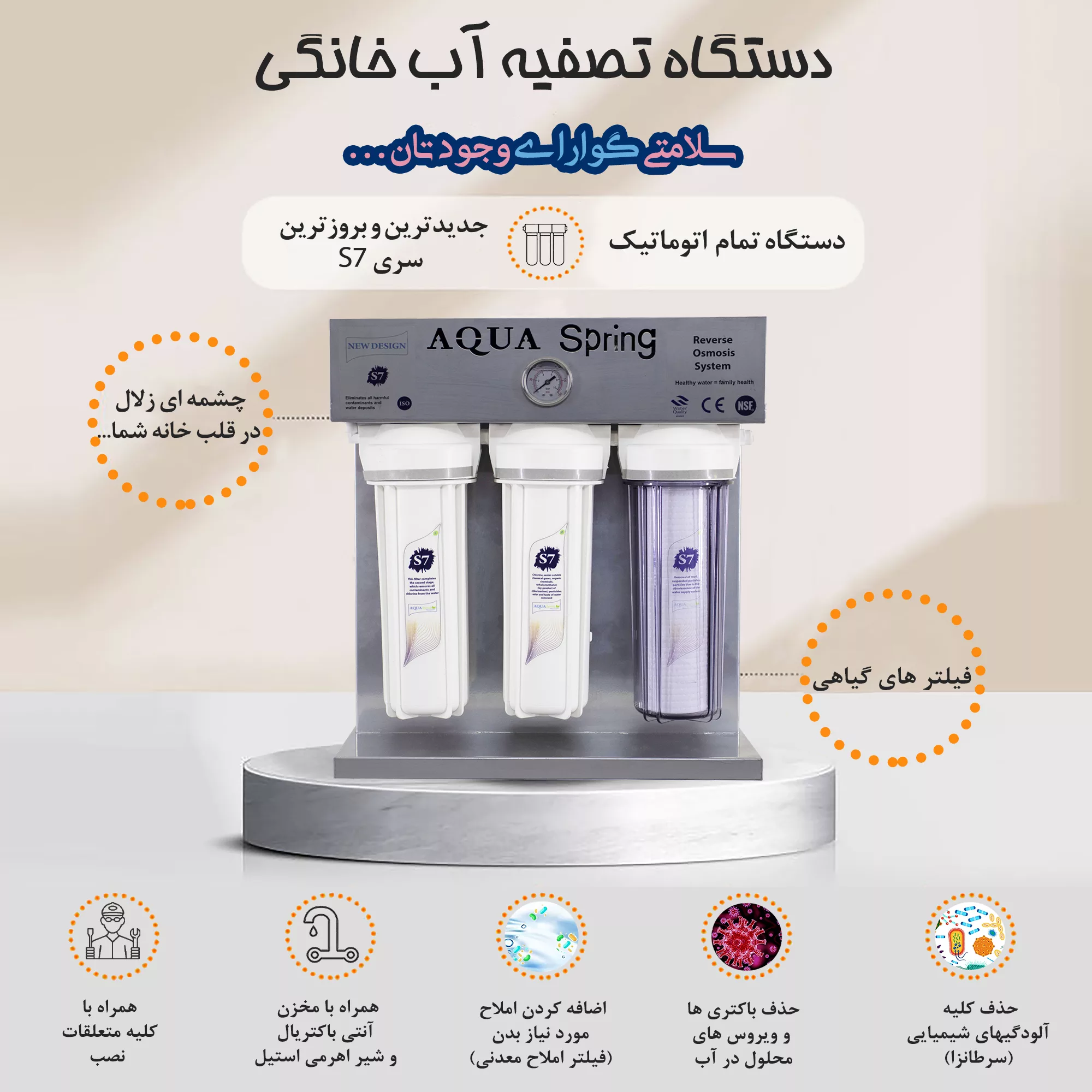 دستگاه تصفیه کننده آب آکوآ اسپرینگ مدل RO-S7-KZ 7800 به همراه فیلتر  مجموعه 3 عددی