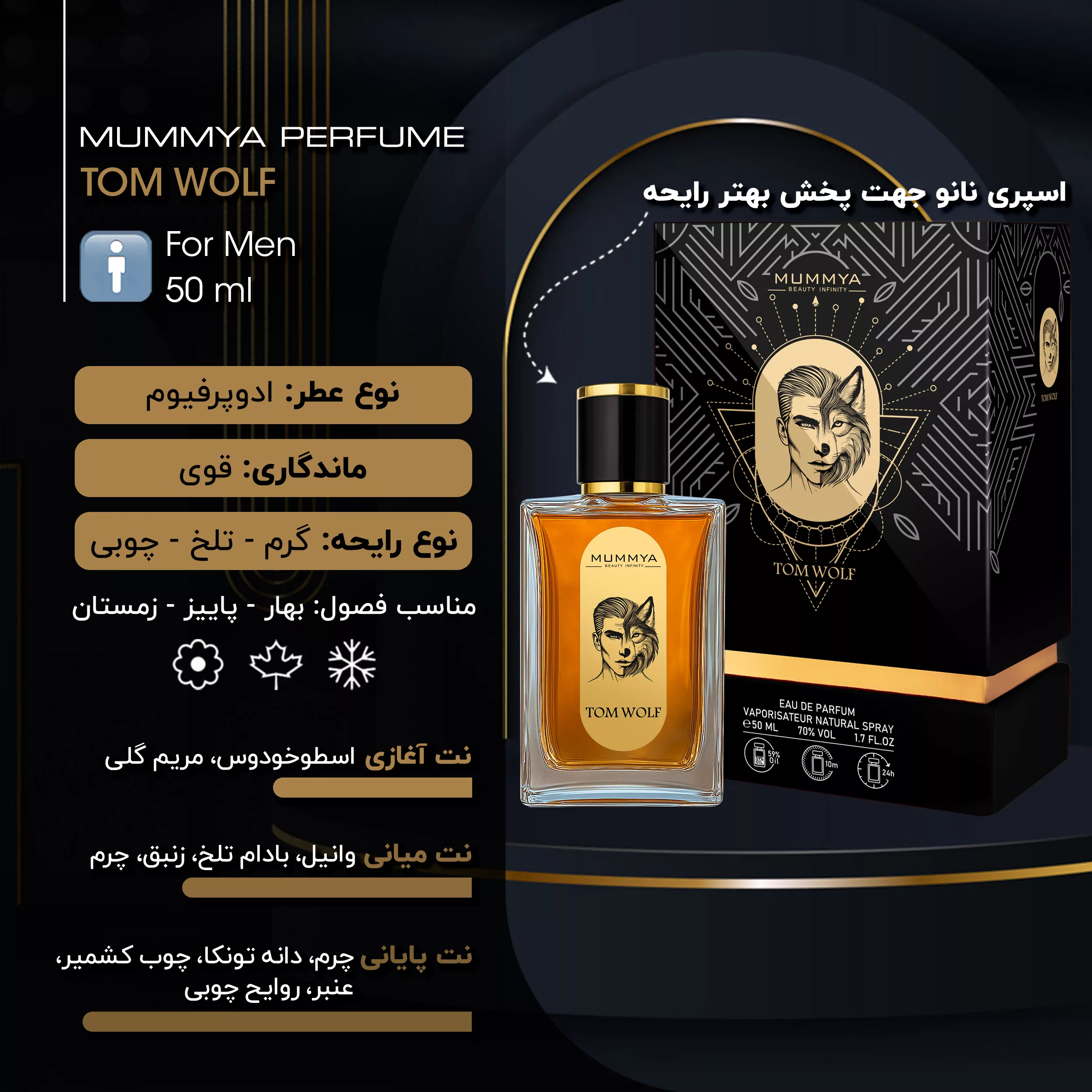 ادو پرفیوم مردانه مومیا مدل تام ولف کهربا با رایحه تلخ و گرم حجم 50 میلی لیتر