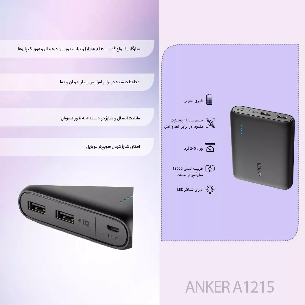پاوربانک انکر مدل A1215 ظرفیت 13000 میلی آمپر ساعت