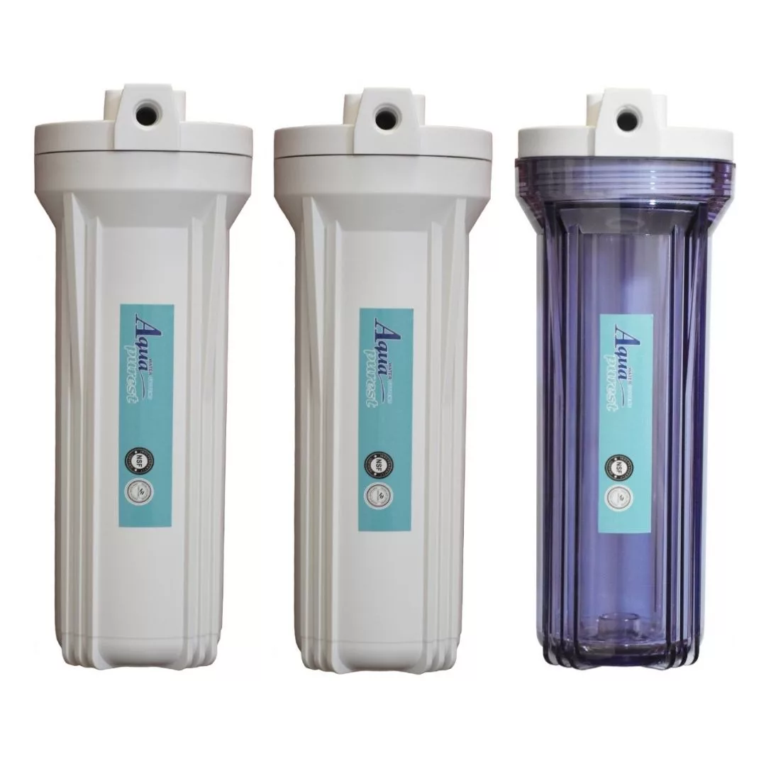 فیلتر دستگاه تصفیه آب آکوا پیورست مدل FL-03 مجموعه 3 عددی به همراه هوزینگ دستگاه تصفیه کننده آب مدل 10INCH مجموعه 3 عددی