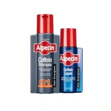 شامپو ضد ریزش مو آلپسین مدل كافئين مناسب برای انواع مو 375 میلی لیتر به همراه محلول آلپسین مدل كافئين مناسب برای انواع مو 200 میلی لیتر بسته دو عددی