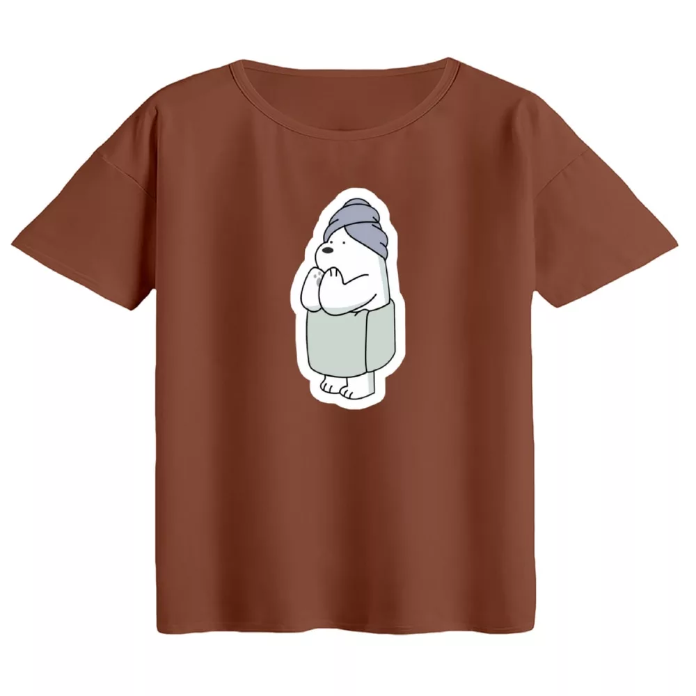 تی‌شرت  اورسایز آستین کوتاه زنانه مدل باکسی طرح خرس و حوله رنگ دارچینی