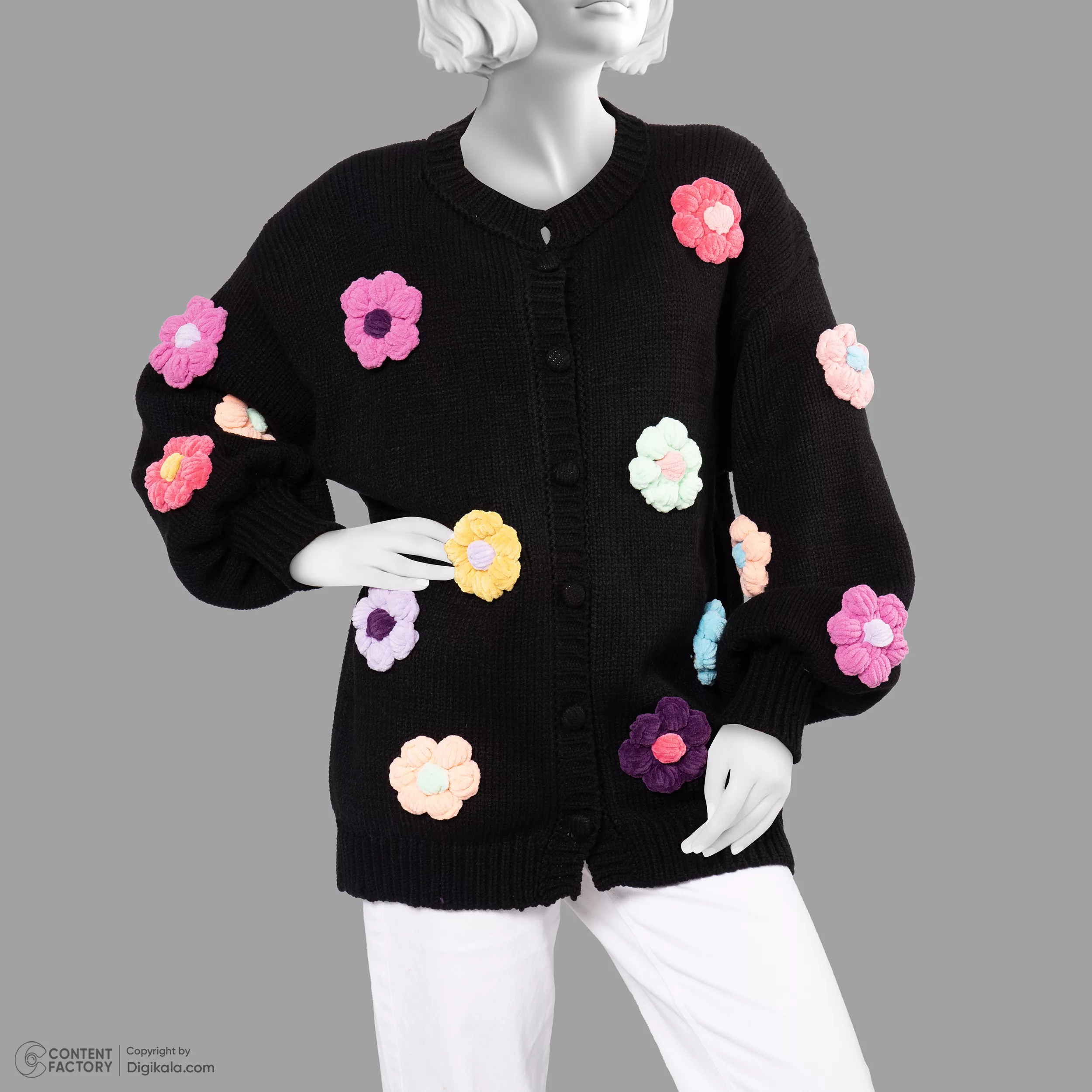 ژاکت زنانه گره استایل مدل گل‌دار  رنگ مشکی