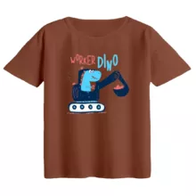 تی‌شرت  اورسایز آستین کوتاه زنانه مدل باکسی طرح دایناسور و ماشین کار رنگ دارچینی