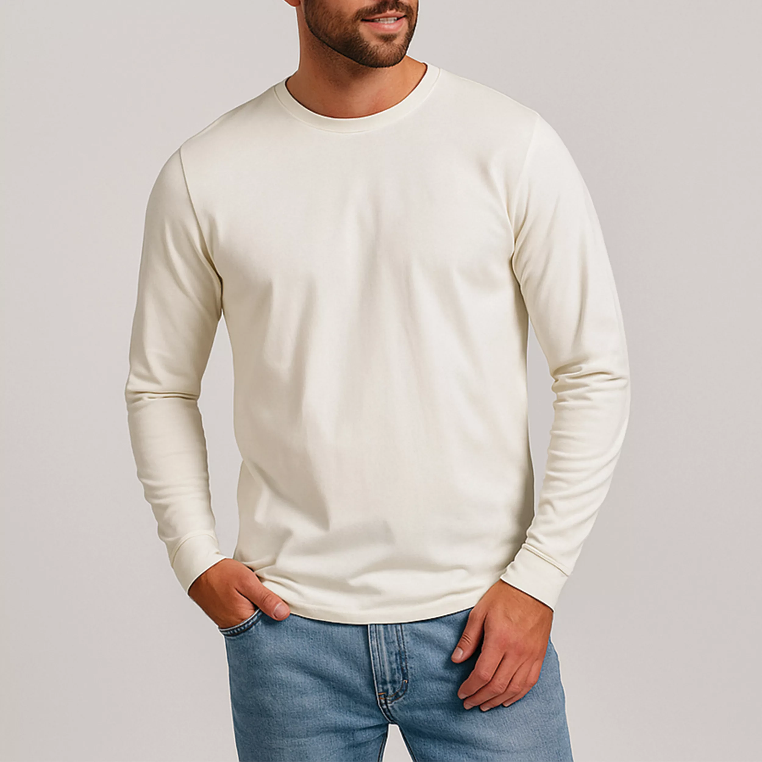 تی شرت آستین بلند مردانه رانژ مدل   ساده کد 23RA05 - 423 رنگ شیری