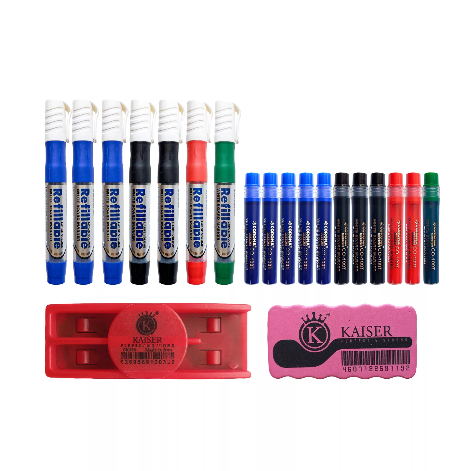 ماژیک وایت برد کرونا مدل تخت طرح شارژی به همراه یدک و تخته پاک کن مغناطیسی بسته 20 عددی