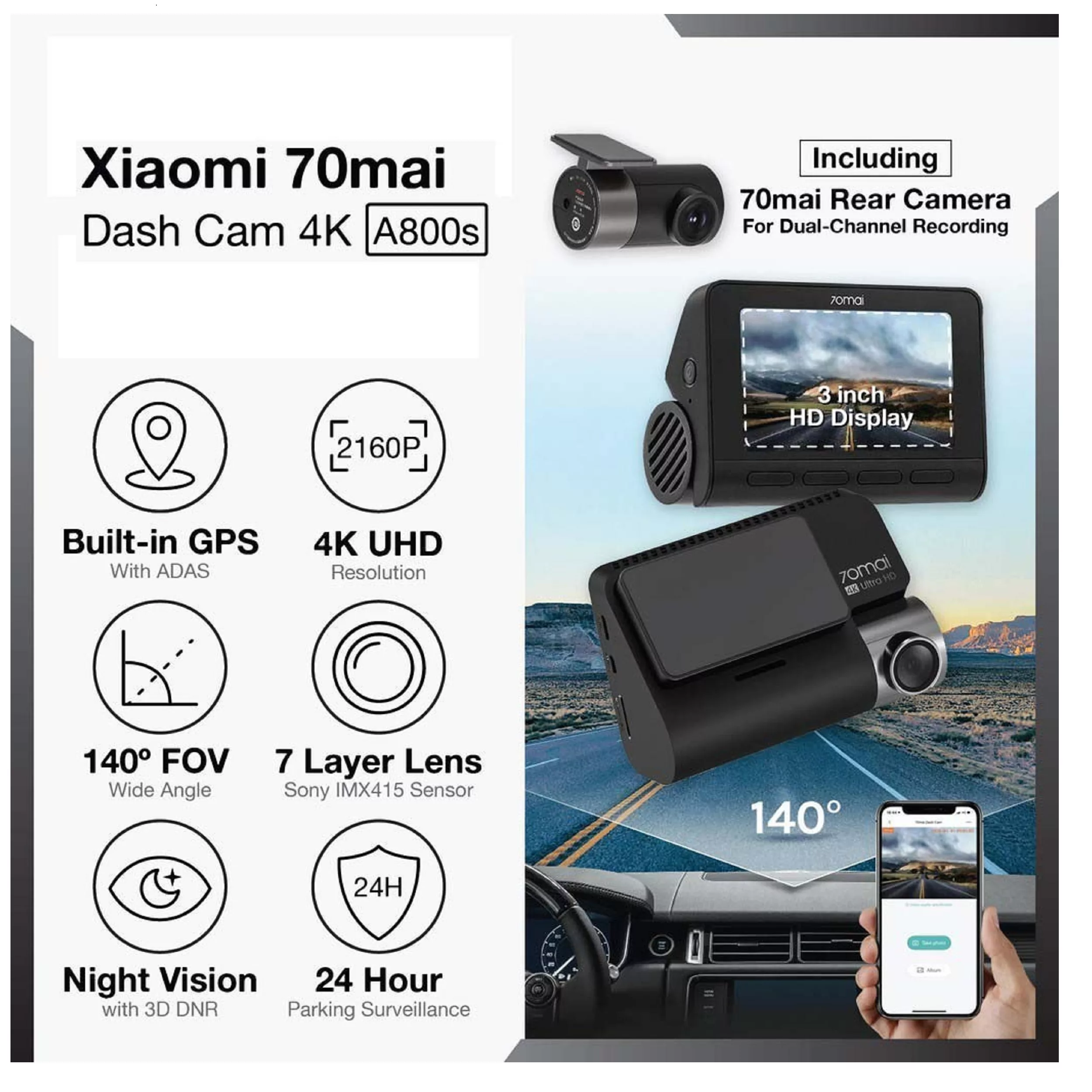 دوربین فیلم برداری سوِنتی می مدل 70mai Dual Dash Cam A800s + Rear Cam (RC06)