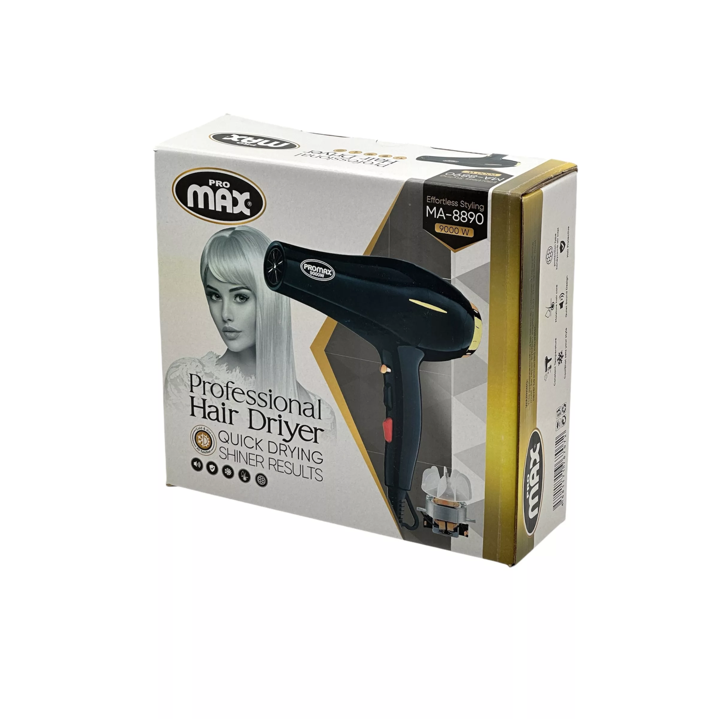 سشوار حرفه‌ای پرومکس مدل MA-8890، موتور AC با توان مصرفی 9000 وات، دارای قابلیت تعویض سری، عملکرد توربو، دارای متمرکزکننده، با حالت صاف‌کننده، وزن 650 گرم، تنظیم حرارت 2 حالته و کنترل سرعت 2 حالته، به همراه متمرکزکننده باریک